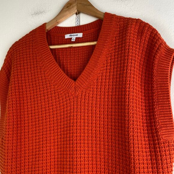 Madewell Waffle Knit Sweater Vest Size M Roasted Squash Orange Cotton Fall Layer - Picture 8 of 13